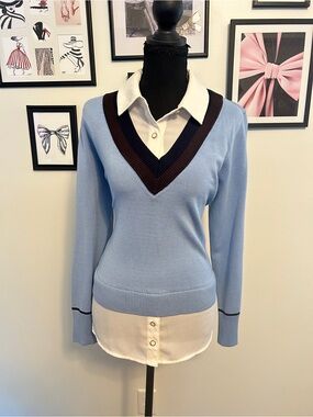 Light Blue V-Neck Layered Sweater with Dark Trim